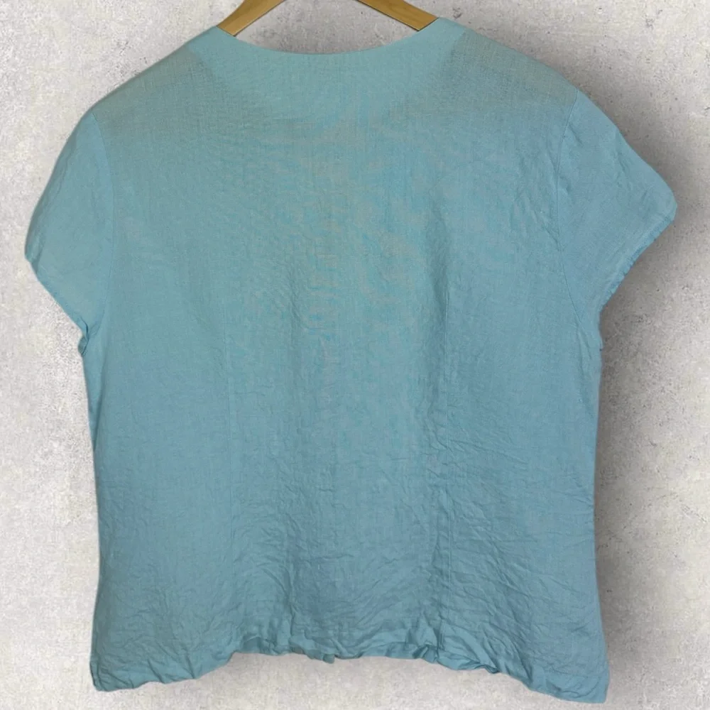 Talbots 100% Irish Linen V-Neck Button Down Short Sleeve Blouse Size 16 Blue Top - Picture 4 of 12